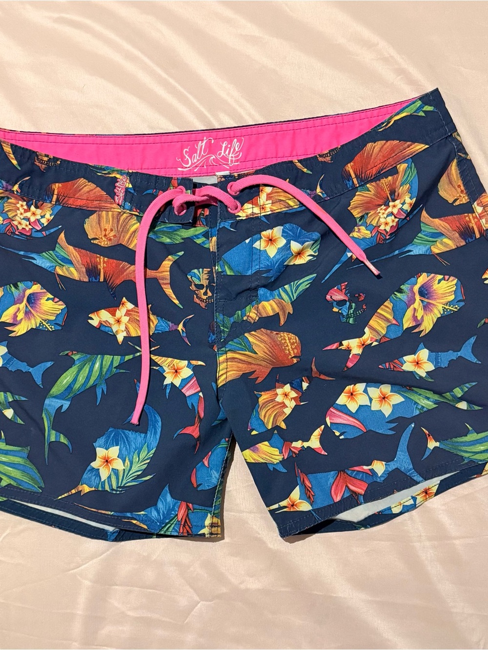 Salt Life Navy Tropical Shark Swim Shorts with Pink Waist